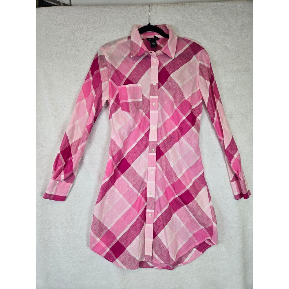 Moda International Pink Plaid 100% Linen Button Down Tunic Shirt 8P Longline